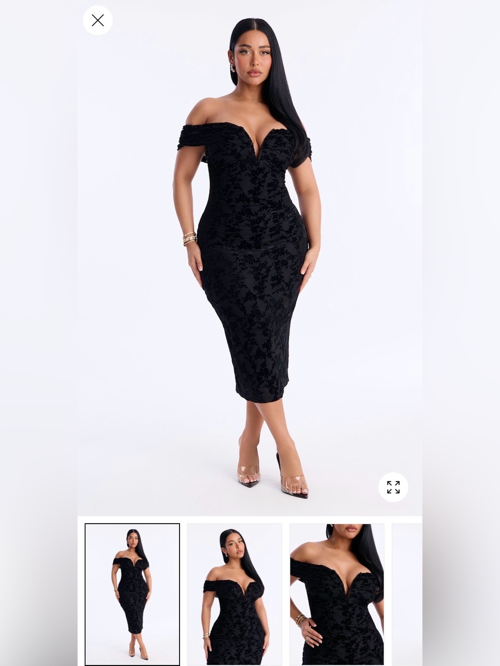 Black Off-Shoulder Bodycon Midi Dress with Sweetheart Neckline